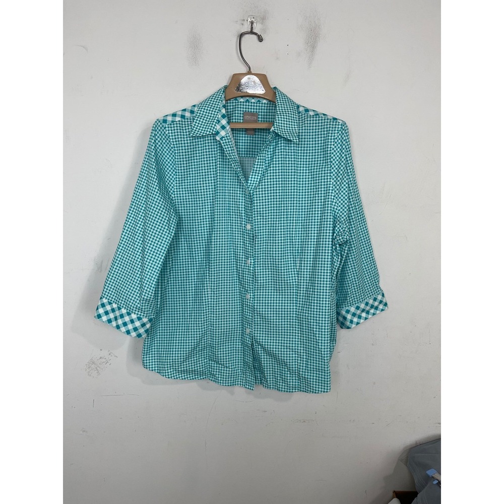 Chicos Wrinkle Resistant Gingham Button Down Shirt Teal White Womens 3 L XL
